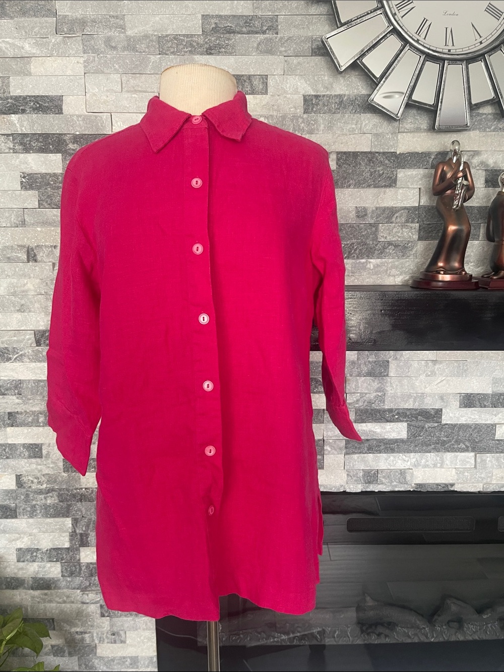 Chicos Linen Shirt Bright Pink 3/4 Sleeve Button Down Size 1 (M?)